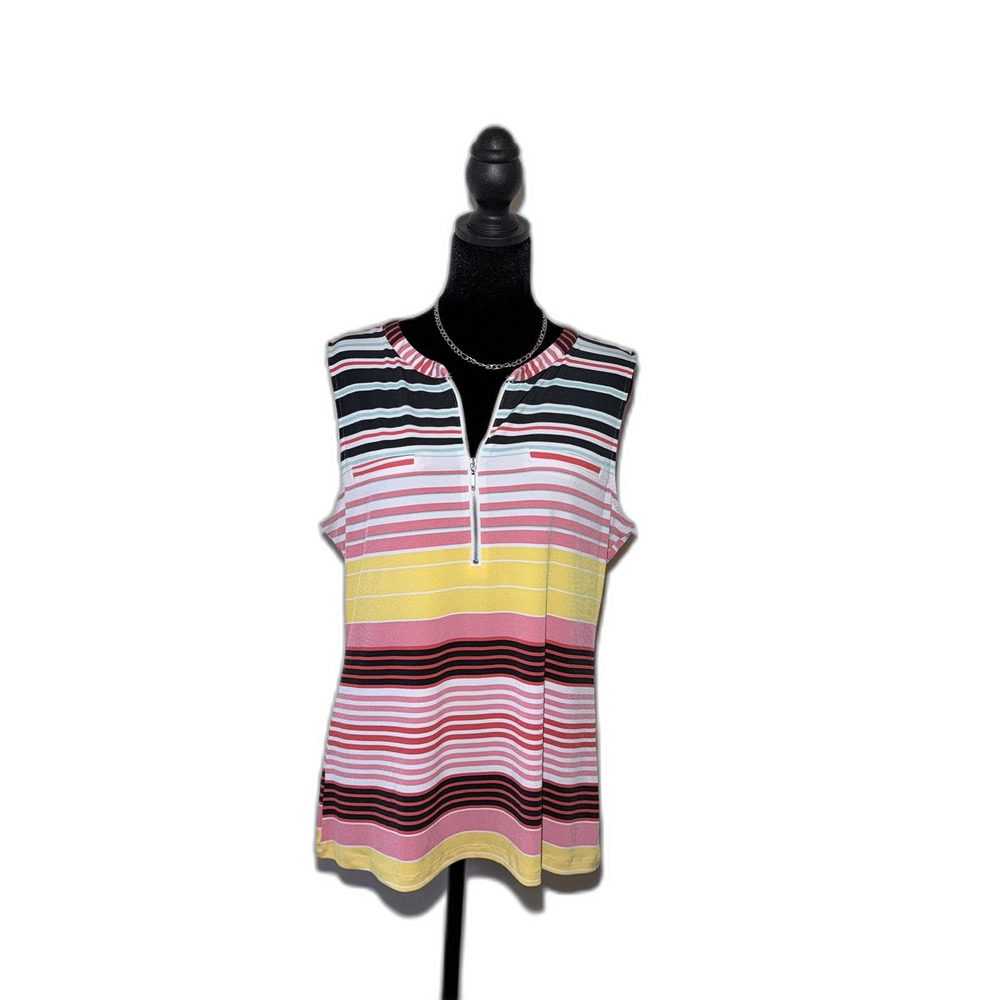 New York and Co. 7th avenue sleeveless striped blouse stretch 1/2 Zip Women Sz L